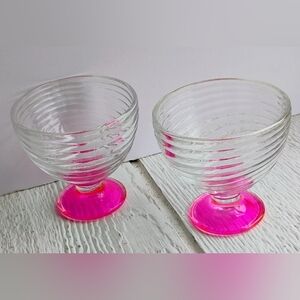 Vintage Glass Serving Bowls 4" Set of 2 Pink/Clear Thick With Pedestal
